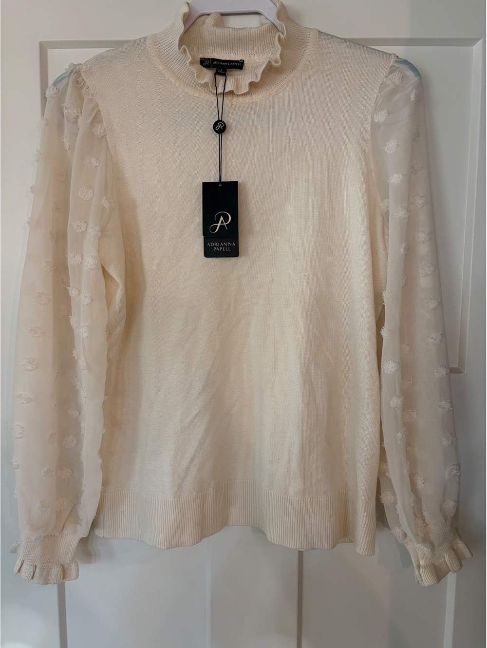 Adrianna Papell Ruffle-Collar Sweater — Cream/Ivory, Size S